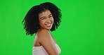 Beauty, skincare and woman in studio with green screen for a natural, organic and wellness face routine. Self care, health and portrait of female model with facial treatment by chroma key background.