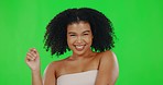 Hair, green screen and face of woman for beauty, wellness and skincare satisfaction in studio. Luxury salon, spa mockup and portrait of girl with afro hairstyle for cosmetics, makeup and glowing skin