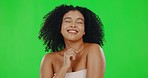 Hair, green screen and face of woman with smile for beauty, wellness and skincare in studio. Luxury salon, satisfaction and portrait of girl with afro hairstyle for cosmetics, makeup and glowing skin