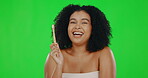 Happy black woman on green screen, toothbrush and dental, health and wellness with oral care tools. Female laughing, mouth hygiene and portrait, mockup space and teeth whitening on studio background