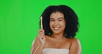 Black woman with smile on green screen, toothbrush and dental, health with oral care tools. Female is happy, mouth hygiene and portrait, mockup space and teeth whitening on studio background
