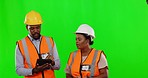 Green screen, employees and engineers with tablet, talking and share ideas for project on studio background. Black man, woman and coworkers with device, architecture or online reading for information