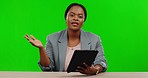 Black woman, hands or talking with tablet green screen for weather report, breaking news channel or press mockup. Portrait, presenter or journalist in speech, broadcast or isolated studio technology