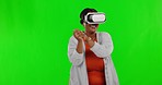 Black woman, VR on green screen and esports with UX, mockup and future technology. Happy female in metaverse, virtual reality goggles and gaming with cyber and digital world on studio background