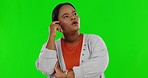 Thinking , green screen and black woman with ideas, decision and wonder against a studio background. Female, ponder and person with thoughts, question and opportunity with fantasy, future and doubt