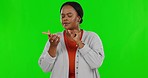 Talking, phone and woman on green screen with angry face for text message, conversation and discussion. Communication mockup, studio and senior female with anger, problem and frustrated on smartphone