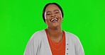 Face, green screen and black woman with a smile, funny and laughing on a studio background. Portrait, female person and model with happiness, laughter and humor with stress relief and positive energy