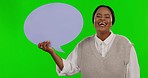 Black woman, smile and speech bubble, green screen with social media promotion and advertising mockup. Promo, marketing and happy female in portrait, branding and announcement on studio background