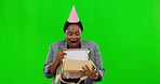 Green screen, birthday and black woman with gift, surprise and happiness against a studio background. Female, box and person with present, excited and joyful with excitement, cheerful and celebration
