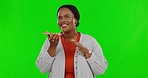 Green screen, phone call and black woman with smile, speaker and conversation against studio background. African female, happy and person with cellphone, chatting and communication with connection