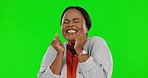 Black woman, surprise and celebration in applause on green screen for winning against a studio background. Portrait of happy, excited or surprised African female clapping for win or success on mockup