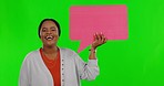 Happy black woman, speech bubble and green screen, social media promotion and advertising with mockup space. Promo, marketing and branding with announcement, female in portrait on studio background