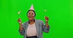 Face, green screen and black woman with sparkle, celebration and excited against a studio background. Portrait, female and person with sparklers, dancing and happiness for a birthday, fun and joyful