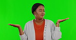 Choice, mockup and confused with black woman on green screen for decision, thinking and idea. Doubt, offer and product placement with female on studio background for question, solution and opinion