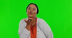 Black woman, blow kiss and green screen in studio with smile, love or happiness on face by background. Happy african female, flirt and wave with romantic gesture, emoji or portrait mockup by backdrop