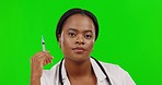 Black woman, doctor and vaccine, needle on green screen and injection with health and mockup. Female physician, portrait and Covid with safety from virus, healthcare and medicine on studio background