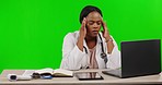Female doctor, laptop and stress headache by green screen with tired face, planning or schedule at job. Black woman, medic or computer in studio with for fatigue, burnout and telehealth mockup on web