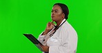 Green screen, black woman and doctor with a clipboard, thinking and planning for surgery. Female employee, consultant or medical professional with documents, paperwork or wonder for cure or diagnosis