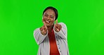 Green screen, face and black woman pointing in studio for you, choice or choosing gesture on mockup background. Portrait, happy and lady with emoji finger for offer, selection or decision isolated