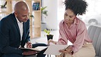 Business people, collaboration and contract conversation in a office with accounting deal. Agreement, financial advisor and woman consultant talking about budget, investment and economy growth