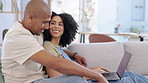 Laptop, couple and online shopping on sofa in home living room, social media or web browsing. Relax, computer and happiness of man and woman on website, internet store or ecommerce together in house.