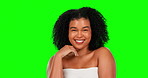 Woman, beauty and smile with face on green screen, skincare and natural cosmetics with mockup. Skin glow, dermatology and happy female in portrait, self love and cosmetic care on studio background