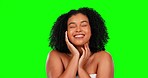 Happy woman, beauty and skincare with satisfaction on green screen and cosmetic care with mockup space. Skin glow, dermatology and female with self love and natural cosmetics on studio background