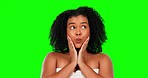 Skincare, wow and face of a woman on a green screen isolated on a studio background for beauty. Surprise, grooming and portrait of a girl touching her skin with shock for hydration and moisture