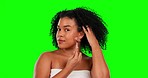 Green screen, portrait of woman with facial roller and massage for anti ageing skincare with mockup for product placement. Beauty, skin care and natural dermatology on face, model in cosmetic routine