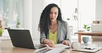 Laptop, document and businesswoman typing in her office while working on a corporate project. Magic, professional and female wizard employee with a file, paperwork and computer in the workplace.