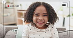 Happy, filming and face of a child for a memory, shooting or picture on the living room sofa. Smile, playful and portrait of a little girl laughing while doing a home photoshoot on the couch