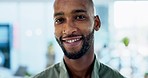 Office, face or happy black man with smile, ambition or positive mindset in a successful business. Confident worker, proud portrait or African brand manager smiling in creative startup company agency