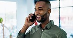 Business, phone call and black man with smile, talking and conversation in workplace. African American male employee, consultant or entrepreneur with smartphone, communication or network for chatting