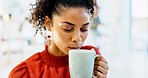 Face, coffee or business woman thinking or planning a project in office with vision, solution or ideas. Thoughtful girl, drinking tea or serious journalist reading copywriting research in an agency 