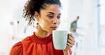 Face, tea or business woman thinking or planning a project in office with vision, solution or ideas. Thoughtful girl, drinking coffee or serious journalist with a copywriting strategy in an agency 