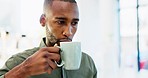 Business, employee and black man with coffee, focus and planning with ideas, project and thoughts. Male consultant, creative and entrepreneur with tea, cappuccino and reading in workplace and wonder