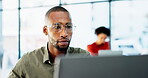 Black man, business and reading on laptop with coffee cup, focus and research for project with connectivity in office. Corporate male, businessman and analysis, review and productivity in workplace