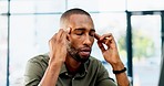 Headache, stress and business black man in office with pain, mental strain and overworked on computer. Burnout, frustrated and male worker massage head for ache, thinking and overwhelmed at desk