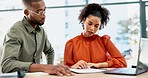 Collaboration, meeting and business man and woman in office for discussion, communication and planning at desk. Teamwork, company and people talking with document, proposal ideas and strategy project