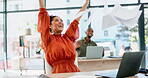 Business woman, success and paper confetti with celebration and winning, happy at desk with applause from coworker. Motivation, winner and promotion, bonus for target and excited female with laptop