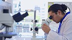 Science man, microscope and research laboratory for analysis, clinical pharma trial or work to stop virus. Male scientist expert, data analytics or test lens in lab for studying bacteria at workplace