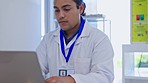 Science, laptop and man in laboratory for medical research, vaccine development and analytics. Healthcare, biotechnology and male scientist focus on computer for data analysis, results and lab study