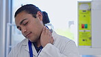 Man with neck pain, scientist in laboratory and health, fatigue and massage muscle with tension while working. Science experiment, burnout in lab and male doctor with aching muscles from bad posture