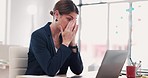 Stress, laptop and business woman in office with problem, mistake and glitch or error on computer at desk. Burnout, corporate and female worker with headache, frustrated and depression in workplace