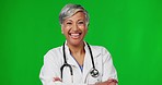Green screen, doctor and face of woman with smile for insurance, medical support and wellness in studio. Healthcare, mockup and portrait of happy lady with crossed arms for medicine, service or trust