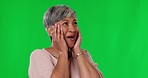 Senior woman, celebrate and green screen studio with excited face for announcement, surprise or achievement. Indian female, shock or wow with looking around for prize, winning and mock up by backdrop
