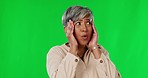 Green screen, anxiety and senior woman with scared, fear and worry facial expression in studio. Stress, mental health mockup and face of elderly lady with nervous, phobia and worried emoji in studio