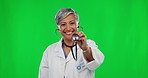 Green screen, woman and doctor listen with stethoscope for cardiology, examination and medical service. Healthcare, mockup studio and portrait of happy lady for medicine, support and heart wellness