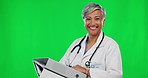 Green screen, doctor and face of woman with files for insurance forms, medical data and clinic administration. Healthcare, mockup studio and portrait of happy lady for medicine, service and wellness