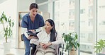 Tablet, wheelchair or nurse talking to woman of medical report results or disability rehabilitation. Consultation, digital or doctor speaking or explaining to disabled Asian person for helping advice